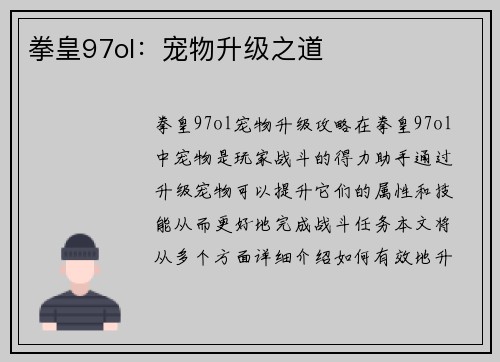 拳皇97ol：宠物升级之道